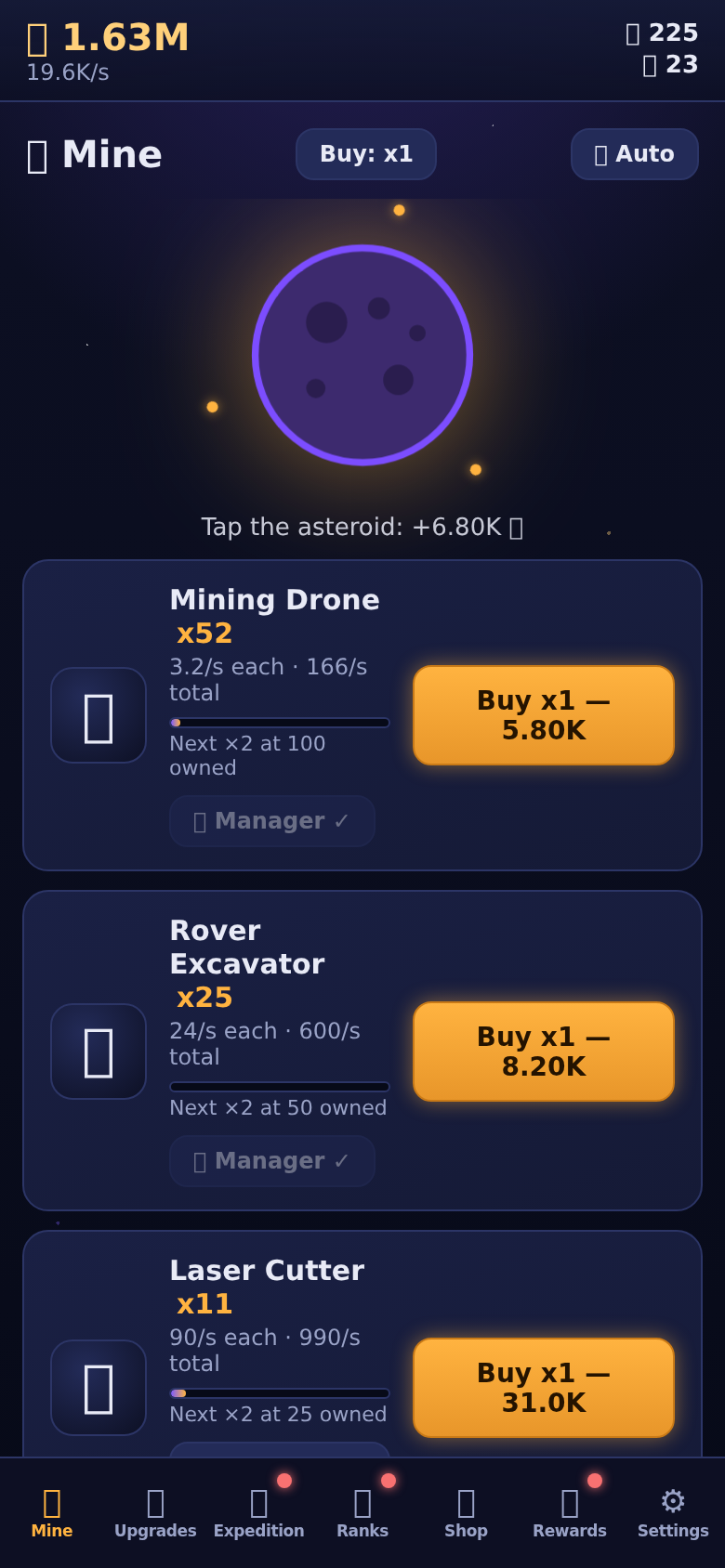 Mine screen — tap-to-mine asteroid with income readout and extractor tiers