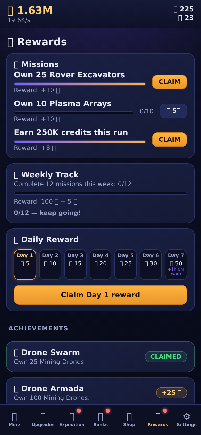 Rewards screen — daily rewards, missions, and the weekly track