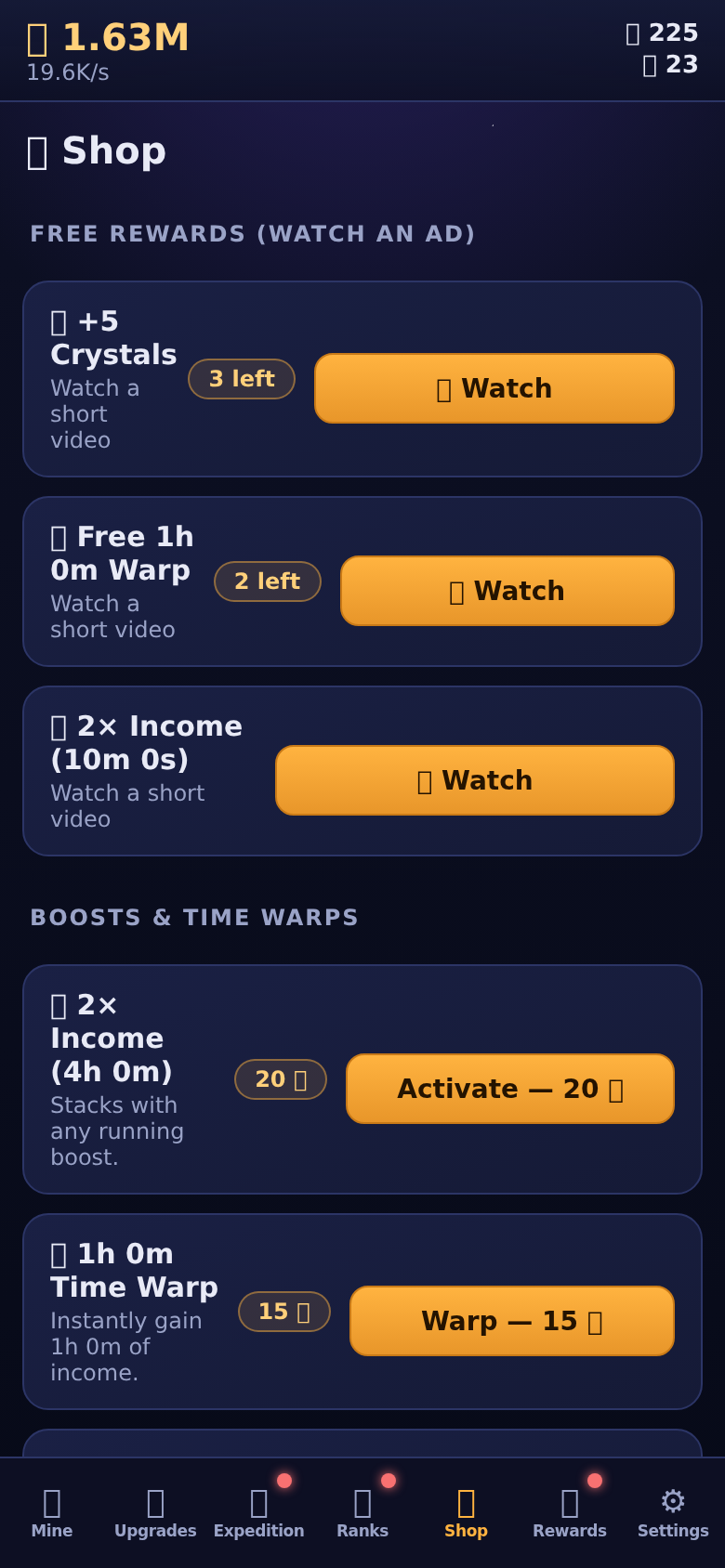 Shop screen — crystal bundles, boosts, and the Remove Ads unlock